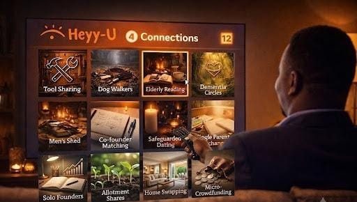 A man using a remote to browse local Heyy-U connection groups on a television